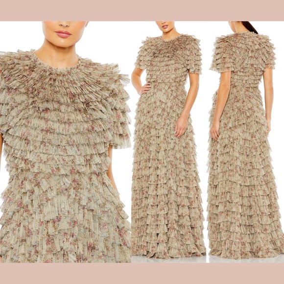 NWT Mac Duggal [ 8 ] 8017 Ruffle Tiered Short Sleeve A Line Gown in‎ Ecru J1753 - Picture 1 of 16
